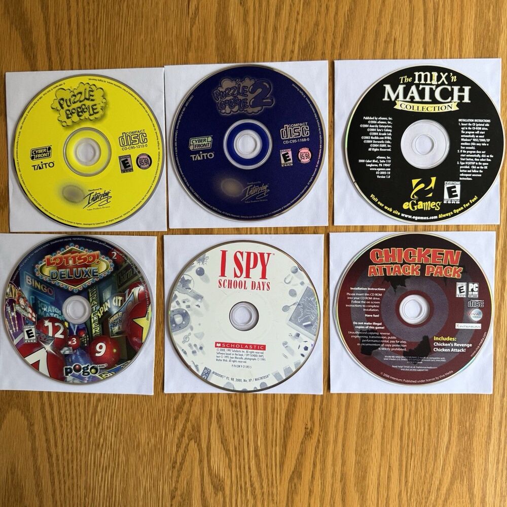Vintage PC Game Lot Puzzle Bobble 1 & 2, Lottso, I Spy, Chicken Attack lot Of 6
